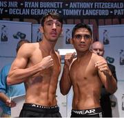 3 July 2015; Jamie Conlan, left, and Junior Granados following their weigh-in ahead of their upcoming fight. Smock Alley Theatre, Dublin. Photo by Sportsfile