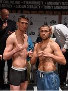 3 July 2015; Tommy Langford, left, during the weigh-in for his upcoming fight against Julio Cesar Avalos, right. Smock Alley Theatre, Dublin. Photo by Sportsfile