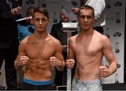 3 July 2015; Ryan Burnet, left, during the weigh-in for his upcoming fight against Csaba Kovacs, right. Smock Alley Theatre, Dublin. Photo by Sportsfile