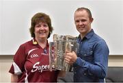 4 July 2015; Kilkenny great Tommy Walsh with Galway supporter Deirdre Delaney, Malahide, Co. Dublin, and the Liam MacCarthy Cup at today’s Bord Gáis Energy Legends Tour at Croke Park, where he relived some of most memorable moments from his playing career. All Bord Gáis Energy Legends Tours include a trip to the GAA Museum, which is home to many exclusive exhibits, including the official GAA Hall of Fame. For booking and ticket information about the GAA legends for this summer’s tours visit www.crokepark.ie/gaa-museum. Croke Park, Dublin.  Picture credit: Brendan Moran / SPORTSFILE