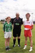 4 July 2015; Referee Francie Keane, with captains, Laura Nash, Limerick and Erin Kerrigan, Derry. All Ireland Ladies Football U14 'C' Championship, Derry v Limerick. Ballymahon, Co. Longford. Picture credit: David Maher / SPORTSFILE