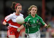 4 July 2015; Aoife Rowsome, Limerick, in action against Erin Kerrigan, Derry. All Ireland Ladies Football U14 'C' Championship, Derry v Limerick. Ballymahon, Co. Longford. Picture credit: David Maher / SPORTSFILE
