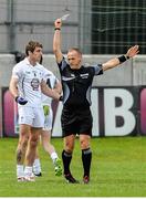 4 July 2015; Gary White, Kildare, is shown the black card by referee Conor Lane. GAA Football All-Ireland Senior Championship, Round 2A, Offaly v Kildare. O'Connor Park, Tullamore, Co. Offaly. Picture credit: Piaras Ó Mídheach / SPORTSFILE