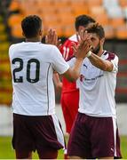 4 July 2015; Juanma Delgado, right, and team mate Osman Sow, celebrate the 4th goal for Hearts in the 90th minute. Shelbourne. Pre-season Friendly, Shelbourne F.C. v Heart of Midlothian F.C., Tolka Park, Dublin. Picture credit: Ray McManus / SPORTSFILE