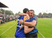 4 July 2015; Longford manager Jack Sheedy celebrates his side's victory with Brian Farrell. GAA Football All-Ireland Senior Championship, Round 2A, Clare v Longford. Cusack Park, Ennis, Co. Clare. Picture credit: Stephen McCarthy / SPORTSFILE