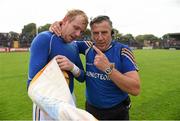 4 July 2015; Longford manager Jack Sheedy celebrates his side's victory with Paddy Collum. GAA Football All-Ireland Senior Championship, Round 2A, Clare v Longford. Cusack Park, Ennis, Co. Clare. Picture credit: Stephen McCarthy / SPORTSFILE