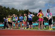 4 July 2015; Competitors wait their turn in the Girls U14 Javelin during the GloHealth Juvenile Track and Field Championships. Harriers Stadium, Tullamore, Co. Offaly. Picture credit: Sam Barnes / SPORTSFILE