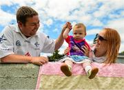 4 July 2015; A family of Kildare fans, Ger Vaughan, Paige Vaughan, 1, and Shelley Page of Kildare Town. GAA Football All-Ireland Senior Championship, Round 2A, Offaly v Kildare. O'Connor Park, Tullamore, Co. Offaly. Picture credit: Cody Glenn / SPORTSFILE