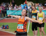 4 July 2015; Holly Meredith, St. Mary's A.C., Co. Limerick, competing in the Girls U14 Javelin during the GloHealth Juvenile Track and Field Championships. Harriers Stadium, Tullamore, Co. Offaly. Picture credit: Sam Barnes / SPORTSFILE