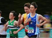 4 July 2015; Joseph Maddison, South Galway A.C., Co. Galway, passes Aidan Darcy, Tallaght A.C., Co. Dublin, whilst competing in the Boys U15 800m during the GloHealth Juvenile Track and Field Championships. Harriers Stadium, Tullamore, Co. Offaly. Picture credit: Sam Barnes / SPORTSFILE