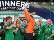 4 July 2015; Brendan O'Connell of Eastern Region IRL celebrates with the trophy. UEFA Regions Cup Final, Eastern Region IRL v Zagreb. Tallaght Stadium, Tallaght, Co. Dublin, Ireland. Picture credit: Seb Daly / SPORTSFILE