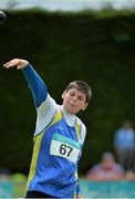 4 July 2015; Daniel Byrne , Roundwood and District A.C. Co. Wicklow competing in the Boys U12 Shot Putt during the GloHealth Juvenile Track and Field Championships. Harriers Stadium, Tullamore, Co. Offaly. Picture credit: Sam Barnes / SPORTSFILE