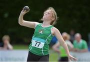 4 July 2015; Aine O'Sullivan, Cushinstown A.C., Co. Meath competing in the Girls U13 Shot Putt during the GloHealth Juvenile Track and Field Championships. Harriers Stadium, Tullamore, Co. Offaly. Picture credit: Sam Barnes / SPORTSFILE