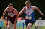 4 July 2015; Jack Tyas, Mullingar Harriers, Co. Westmeath, pursues Alex Hunter, Ratoath A.C., Co Meath, during the Boys U17 2000m Steeplechase at the GloHealth Juvenile Track and Field Championships. Harriers Stadium, Tullamore, Co. Offaly. Picture credit: Sam Barnes / SPORTSFILE