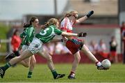 4 July 2015; Clare McCarthy, Derry, in action against Blaithin Leahy , Limerick. All Ireland Ladies Football U14 'C' Championship, Derry v Limerick. Ballymahon, Co. Longford. Picture credit: David Maher / SPORTSFILE