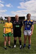 4 July 2015; Referee Colm McManus, with captains, Aoibh Faulkner, Donegal and Maire Creedon, Tipperary. All Ireland Ladies Football U14 'B' Championship, Donegal v Tipperary. Ballymahon, Co. Longford. Picture credit: David Maher / SPORTSFILE