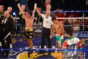 4 July 2015; Jamie Conlan, Northern Ireland, is declared the winner by unanimous decision over Junior Granados, Mexico, after their flyweight bout. New Beginning Fight Night. National Stadium, Dublin. Picture credit: Cody Glenn / SPORTSFILE