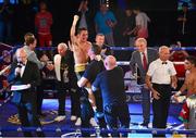 4 July 2015; Jamie Conlan, Belfast, Northern Ireland, celebrates his win by unanimous decision over Junior Granados, Yucatan, Mexico, after their flyweight bout. New Beginning Fight Night. National Stadium, Dublin. Picture credit: Cody Glenn / SPORTSFILE