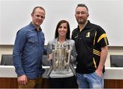 4 July 2015; Kilkenny great Tommy Walsh with Claire O'Rourke, from Dublin, and Joe McCormack, from Kilkenny, and the Liam MacCarthy Cup at today’s Bord Gáis Energy Legends Tour at Croke Park, where he relived some of most memorable moments from his playing career. All Bord Gáis Energy Legends Tours include a trip to the GAA Museum, which is home to many exclusive exhibits, including the official GAA Hall of Fame. For booking and ticket information about the GAA legends for this summer’s tours visit www.crokepark.ie/gaa-museum. Croke Park, Dublin.  Picture credit: Brendan Moran / SPORTSFILE