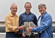 4 July 2015; Kilkenny great Tommy Walsh with Paddy Deniffe and Seamus Maher, both originally from Kilkenny, and the Liam MacCarthy Cup at today’s Bord Gáis Energy Legends Tour at Croke Park, where he relived some of most memorable moments from his playing career. All Bord Gáis Energy Legends Tours include a trip to the GAA Museum, which is home to many exclusive exhibits, including the official GAA Hall of Fame. For booking and ticket information about the GAA legends for this summer’s tours visit www.crokepark.ie/gaa-museum. Croke Park, Dublin.  Picture credit: Brendan Moran / SPORTSFILE