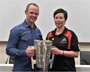 4 July 2015; Kilkenny great Tommy Walsh with Bernice McCloskey, from Loughgeil, Co. Antrim, and the Liam MacCarthy Cup at today’s Bord Gáis Energy Legends Tour at Croke Park, where he relived some of most memorable moments from his playing career. All Bord Gáis Energy Legends Tours include a trip to the GAA Museum, which is home to many exclusive exhibits, including the official GAA Hall of Fame. For booking and ticket information about the GAA legends for this summer’s tours visit www.crokepark.ie/gaa-museum. Croke Park, Dublin.  Picture credit: Brendan Moran / SPORTSFILE