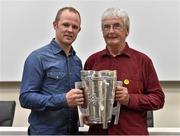 4 July 2015; Kilkenny great Tommy Walsh with Jack Stacey, from South Kilkenny, and the Liam MacCarthy Cup at today’s Bord Gáis Energy Legends Tour at Croke Park, where he relived some of most memorable moments from his playing career. All Bord Gáis Energy Legends Tours include a trip to the GAA Museum, which is home to many exclusive exhibits, including the official GAA Hall of Fame. For booking and ticket information about the GAA legends for this summer’s tours visit www.crokepark.ie/gaa-museum. Croke Park, Dublin.  Picture credit: Brendan Moran / SPORTSFILE