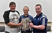 4 July 2015; Kilkenny great Tommy Walsh with Barry Whelan, left, and Andy Molloy, both from Drimnagh, Dublin and the Liam MacCarthy Cup at today’s Bord Gáis Energy Legends Tour at Croke Park, where he relived some of most memorable moments from his playing career. All Bord Gáis Energy Legends Tours include a trip to the GAA Museum, which is home to many exclusive exhibits, including the official GAA Hall of Fame. For booking and ticket information about the GAA legends for this summer’s tours visit www.crokepark.ie/gaa-museum. Croke Park, Dublin.  Picture credit: Brendan Moran / SPORTSFILE