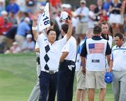 19 September 2008; Anthony Kim, Team USA 2008, celebrates on the 18th green after defeating Padraig Harrington and Graeme McDowell 1up with team-mate Phil Mickelson during the afternoon fourball. 37th Ryder Cup, Valhalla Golf Club, Louisville, Kentucky, USA. Picture credit: Matt Browne / SPORTSFILE
