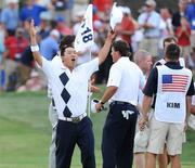 19 September 2008; Anthony Kim, Team USA 2008, celebrates on the 18th green after defeating Padraig Harrington and Graeme McDowell 1up with team-mate Phil Mickelson during the afternoon fourball. 37th Ryder Cup, Valhalla Golf Club, Louisville, Kentucky, USA. Picture credit: Matt Browne / SPORTSFILE