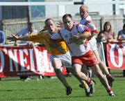 20 September 2008; Mark Sheridan, Abbeylara, Co. Longford, in action against Paul McCoville, Clonduff, Co. Down. 2008 oneills.com Kilmacud Crokes All-Ireland Football Sevens, Kilmacud Crokes GAA Club, Glenalbyn, Stillorgan, Co. Dublin. Picture credit: Pat Murphy / SPORTSFILE