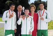 20 September 2008; Irish Olympic medallists Darren Sutherland, left, Paddy Barnes and Kenny Egan, right, with President Mary McAleese and Dr. Martin McAleese during a reception for the Irish athletes, coaches and officials who represented Ireland at the Beijing Olympics, hosted by President Mary McAleese at Aras an Uachtaran. Irish Olympians visit Aras an Uachtarain, Phoenix Park, Dublin. Picture credit: Brendan Moran / SPORTSFILE