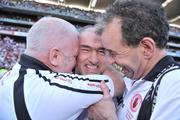 21 September 2008; Tyrone manager Mickey Harte, centre, celebrates at the end of the game with Jim Curran, left, Tyrone Team Coordinator, and Michael McGoldrick, Tyrone Team Liason. GAA Football All-Ireland Senior Championship Final, Kerry v Tyrone, Croke Park, Dublin. Picture credit: David Maher / SPORTSFILE