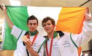 19 September 2008; Michael McKillop, from Glengormley, Co. Antrim, who won a gold medal in the Men's 800m - T37, left, and Darragh McDonald, from Gorey, Co. Wexford, who won a silver medal in the Men's 400m Freestyle - S6 Final, at Dublin Airport as the Irish Paralympic Team arrived home from Beijing. Dublin Airport, Dublin. Picture credit: Stephen McCarthy / SPORTSFILE