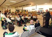19 September 2008; Minister of State at the Department of the Taoiseach and Government Chief Whip Pat Carey speaking at a reception for Irish athletes at Dublin Airport as the Irish Paralympic Team arrived home from Beijing. Dublin Airport, Dublin. Picture credit: Stephen McCarthy / SPORTSFILE