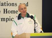 19 September 2008; Chef de Mission Jimmy Byrne speaking at a reception for Irish athletes at Dublin Airport as the Irish Paralympic Team arrived home from Beijing. Dublin Airport, Dublin. Picture credit: Stephen McCarthy / SPORTSFILE