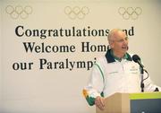 19 September 2008; Chef de Mission Jimmy Byrne speaking at a reception for Irish athletes at Dublin Airport as the Irish Paralympic Team arrived home from Beijing. Dublin Airport, Dublin. Picture credit: Stephen McCarthy / SPORTSFILE