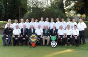 20 September 2008; Clontarf Golf Club who defeated Monkstown in the final of the Bulmers Jimmy Bruen Shield, back row left to right, Turlough Considine, Frank Kellett, Sean Stone, Philip Duffy, Michael Fahy, Niall Lyons, Tony Stanley, Sean Quinn, Tim O’Connell, Dave Collins, Mark Brennan, Stephen Kealy, Conor Harrington and Tommy McCarthy.  Front row left to right, Barry Moran Bulmers Commercial Manager, Aidan Fry, Vice Captain, Clontarf, Tony Wall, President, Seamus Smith, General Secretary, GUI, Brian Looby, Co-Team Manager, Barry Doyle, President, GUI, Martin Cahill, Club Captain, Brendan Foy, Co-Team Manager, Michael Kellett and Neal O’Flynn. Bulmers Jimmy Bruen Shield Final. Bulmers Cups and Shields Finals 2008, Monkstown Golf Club, Parkgarriff, Monkstown, Co. Cork. Picture credit: Ray McManus / SPORTSFILE
