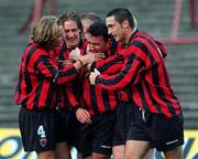 18 August 2000; Mark Dempsey of Bohemians, 2nd from right, is congratulated by team-mates Kevin Hunt, Simon Webb and Dave Morrison after scoring their side's second goal during the Eircom League Premier Division match between Bohemians and Galway United at Dalymount Park in Dublin. Photo by David Maher/Sportsfile