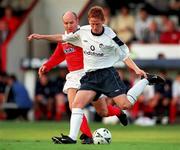 11 August 2000; Michael Stewart of Manchester United in action against Paul Doolin of Shelbourne during the pre-season friendly match between Shelbourne and Manchester United at Tolka Park in Dublin. Photo by Damien Eagers/Sportsfile