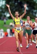 20 August 2000; Breda Dennehy Willis of Bandon AC, Cork, celebrates winning the Women's 5000m Final during the AAI National Track and Field Championships of Ireland at Morton Stadium in Dublin. Photo by Pat Murphy/Sportsfile
