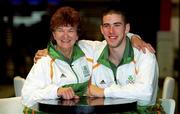 21 August 2000; Members of the Ireland Olympic team, athletics coach Maeve Kyle, who competed in the 1956, 1960 and 1964 Games, with the youngest member of the squad, 19 year old athlete Gordon Kennedy, from Tullamore in Offaly, at Dublin Airport prior to their departure for the Summer Olympic Games in Sydney. Photo by Brendan Moran/Sportsfile