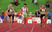 20 August 2000; Sarah Reilly, left, leads Leanne O'Callaghan, centre, and Emily Maher in the Women's 100m during the AAI National Track and Field Championships of Ireland at Morton Stadium in Dublin. Photo by Brendan Moran/Sportsfile