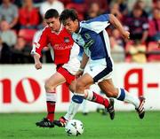 5 August 2000; Matt Jensen of Blackburn Rovers in action against Willie Burke of St Patrick's Athletic during the pre-season friendly match between St Patrick's Athletic and Blackburn Rovers at Richmond Park in Dublin. Photo by David Maher/Sportsfile