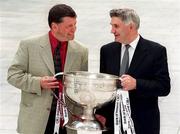 22 August 2000; In attendance at a preview press conference prior to the Bank of Ireland All Ireland Senior Football Championship semi-final in Croke Park on Sunday next are, from left, Galway manager John O'Mahony and Kildare manager Mick O'Dwyer with the Sam Maguire Cup. Photo by Ray McManus/Sportsfile