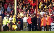24 August 2000; Aberdeen supporters engage with Gardai and match stewards during the UEFA Cup Qualifying Round Second Leg match between Bohemians and Aberdeen at Tolka Park in Dublin. Photo by David Maher/Sportsfile