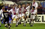 24 August 2000; Bohemians players, from left, Tony O'Connor, Dave Morrison, Kevin Hunt, Stephen Caffrey, Trevor Molloy, Mark Dempsey and Dave Hill block a last minute free kick from Hicham Zerquali of Aberdeen during the UEFA Cup Qualifying Round Second Leg match between Bohemians and Aberdeen at Tolka Park in Dublin. Photo by Brendan Moran/Sportsfile