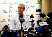 29 August 2000; Republic of Ireland manager Mick McCarthy during a press conference in Dublin after Mark Kennedy and Phil Babb were dropped from the Republic of Ireland squad for the FIFA World Cup Qualifier in the Netherlands after they were arrested in Dublin. Photo by Matt Browne/Sportsfile