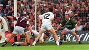 27 August 2000; Brian Murphy of Kildare is tackled by Seán Óg de Paor of Galway during the Bank of Ireland All-Ireland Senior Football Championship Semi-Final match between Galway and Kildare at Croke Park in Dublin. Photo by Matt Browne/Sportsfile
