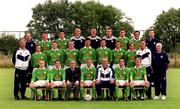 30 August 2000; The Irish team and officials photographed prior to their departure for the first game against Holland in their 2002 FIFA World Cup Qualifying Campaign. Pictured are, back row, from left, Kit man Joe Walsh, Mark Kinsella, Ian Harte, Dean Kiely, Alan Kelly, Shay Given, Steve Finnan, Stephen Carr and chartered physio Ciaran Murray with, middle row, from left, Assistant Manager Ian Evans, David Connolly, Kevin Kilbane, Richard Dunne, Niall Quinn, Gary Breen, Dominic Foley, Jason McAteer, Goalkeeping Coach Packie Bonner and physio Mick Byrne and front, row, from left, Damien Duff, Robbie Keane, FAI President Pat Quigley, Roy Keane, Manager Mick McCarthy, Gary Kelly and Steve Staunton. Photo by David Maher/Sportsfile