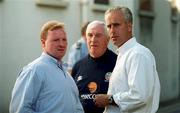 29 August 2000; Republic of Ireland manager Mick McCarthy, security officer Tony Hickey, left, and Mick Byrne, centre, at Dublin District Court after Mark Kennedy and Phil Babb appeared before the court having been arrested in Dublin the previous night. Both players were subsequently dropped from the Republic of Ireland squad for the FIFA World Cup Qualifier in the Netherlands. Photo by Ray Lohan/Sportsfile